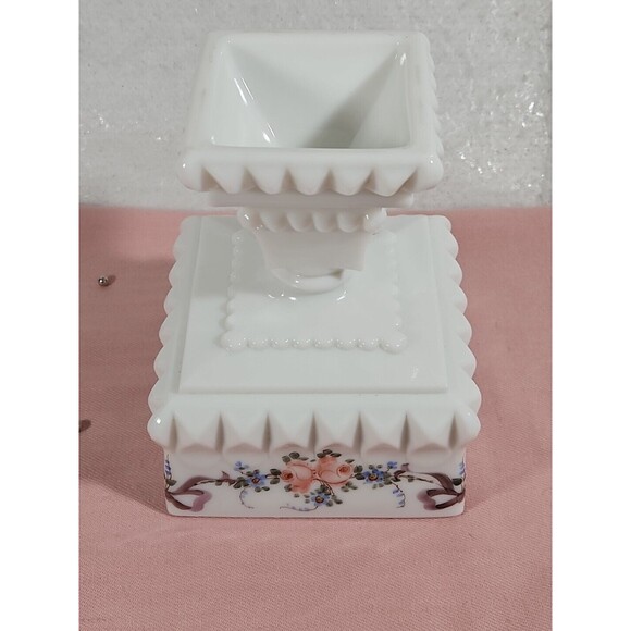 Westmoreland Milk Glass Footed Pedestal Wedding Box Candy Dish Hand Painted 10” - Picture 16 of 16